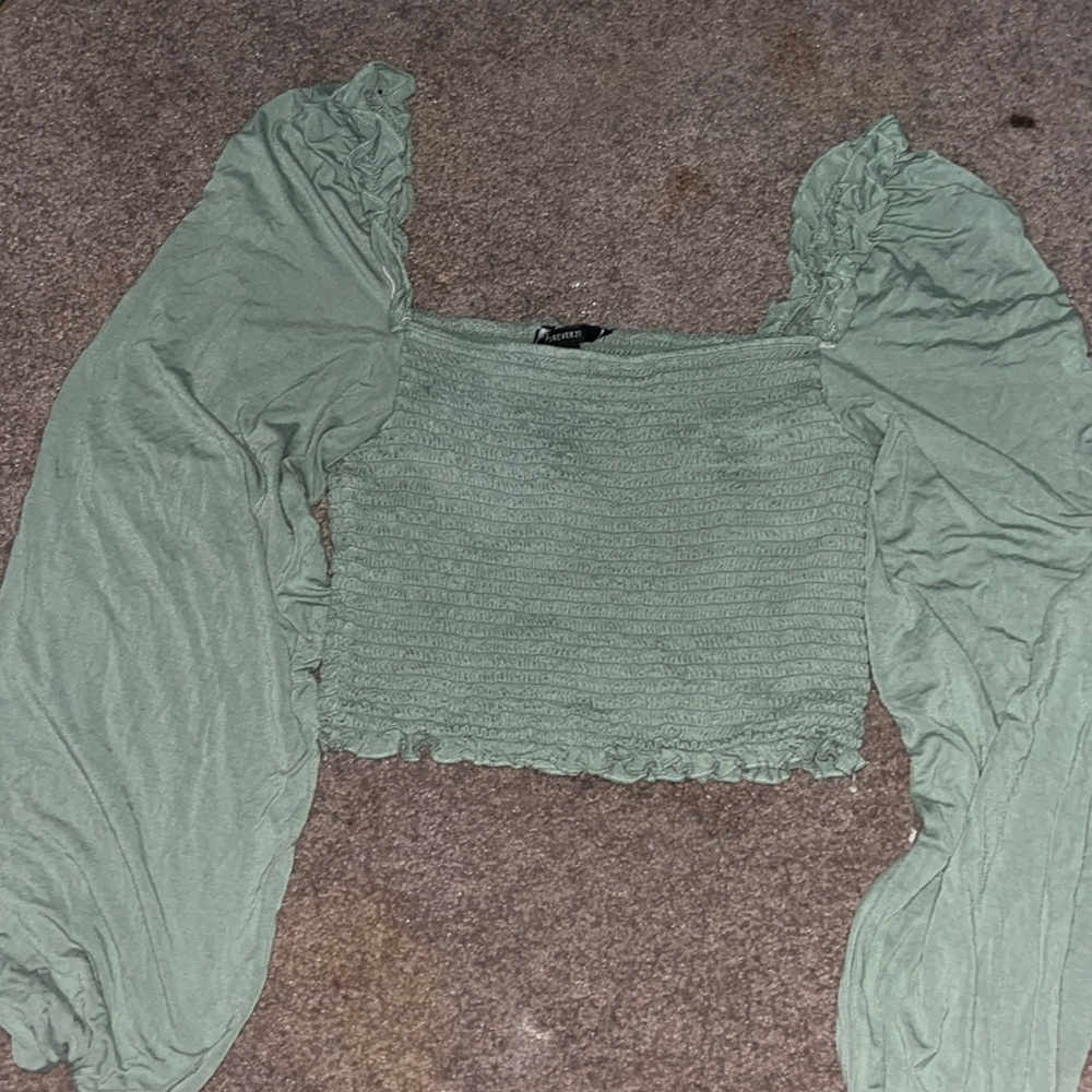 Sage green scrunch off the shou crop top